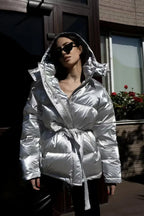 Cotton Padded Metallic Color Belt Pocket Coat image 2