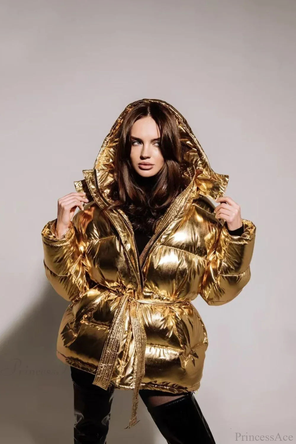 Cotton Padded Metallic Color Belt Pocket Coat image 9