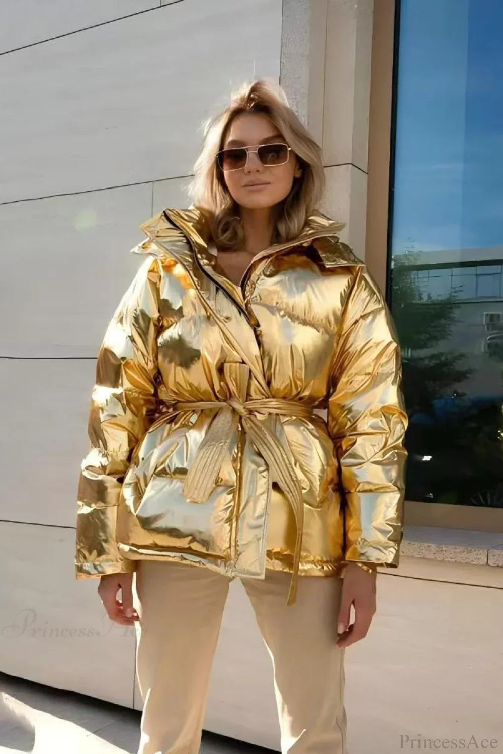 Cotton Padded Metallic Color Belt Pocket Coat image 5