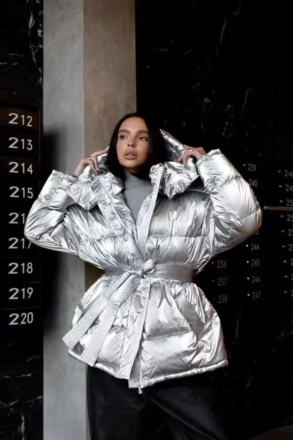 Cotton Padded Metallic Color Belt Pocket Coat image 3