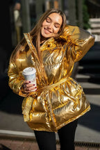 Cotton Padded Metallic Color Belt Pocket Coat image 7