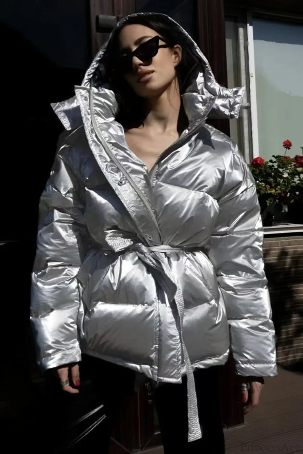 Cotton Padded Metallic Color Belt Pocket Coat image 1