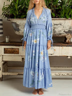 Cotton Rayon Blue Floral Embroidery Boho Dress image 2