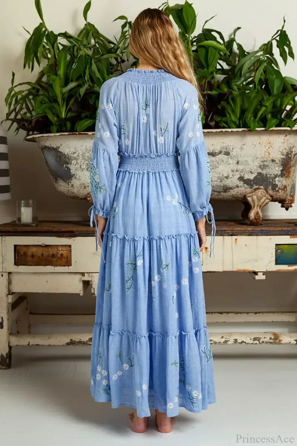 Cotton Rayon Blue Floral Embroidery Boho Dress image 3