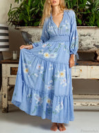 Cotton Rayon Blue Floral Embroidery Boho Dress image 1