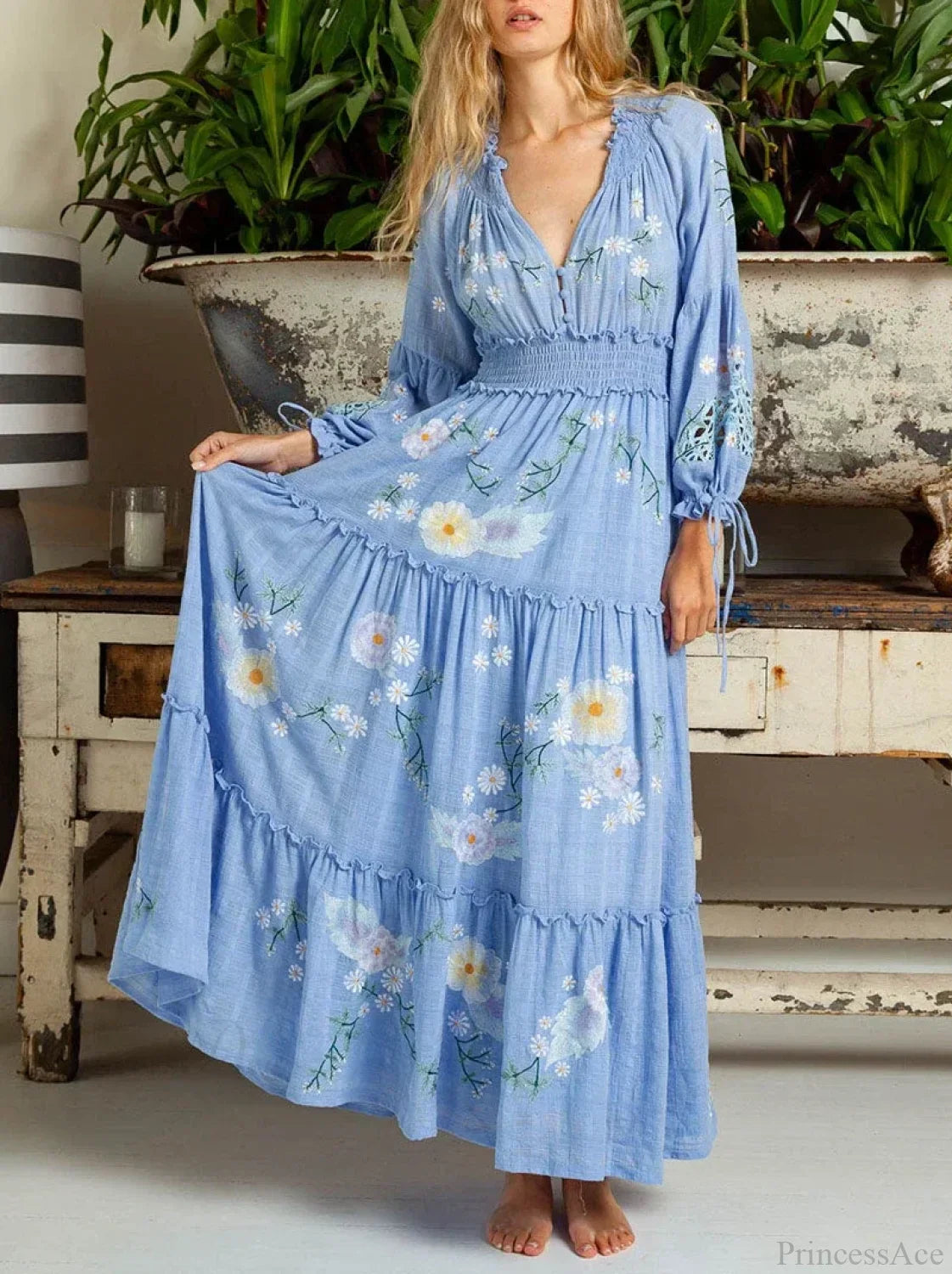 Cotton Rayon Blue Floral Embroidery Boho Dress image 1