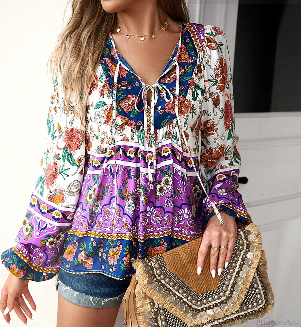 Cotton Rayon Floral Printed Long Sleeve Beach Boho Blouse image 4