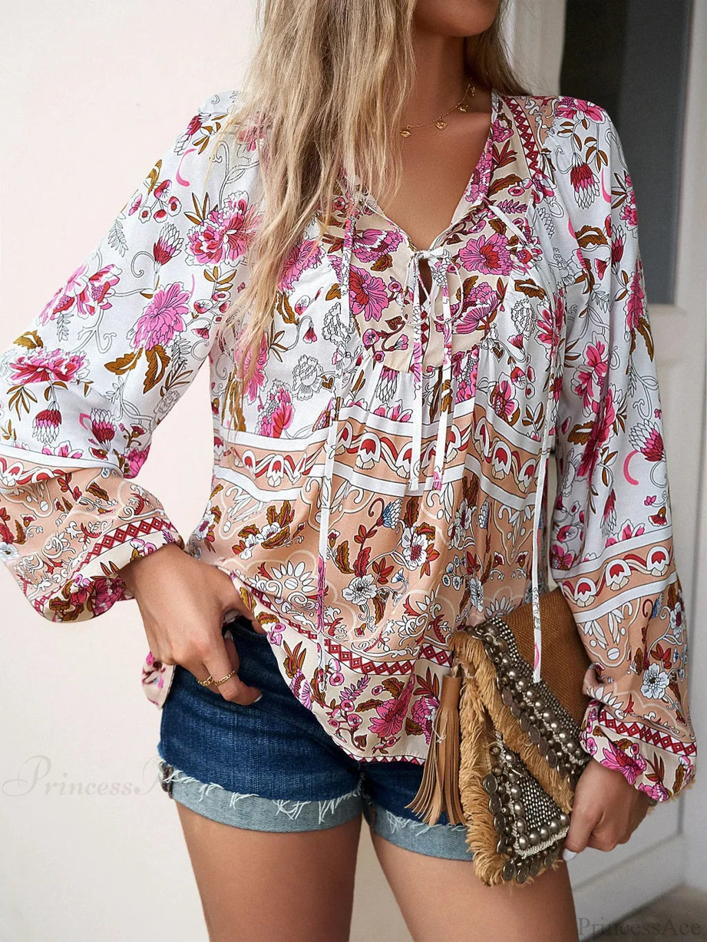 Cotton Rayon Floral Printed Long Sleeve Beach Boho Blouse image 6