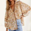 Cotton Rayon Floral Printed Long Sleeve V-Neck Boho Blouse image 1