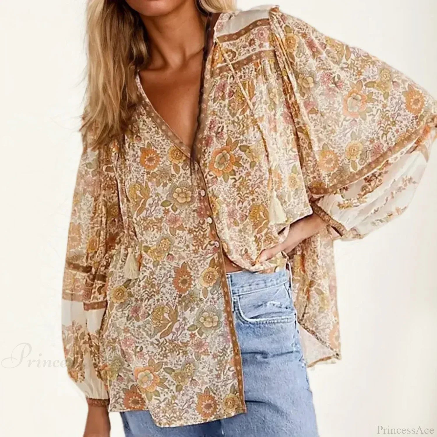 Cotton Rayon Floral Printed Long Sleeve V-Neck Boho Blouse image 1