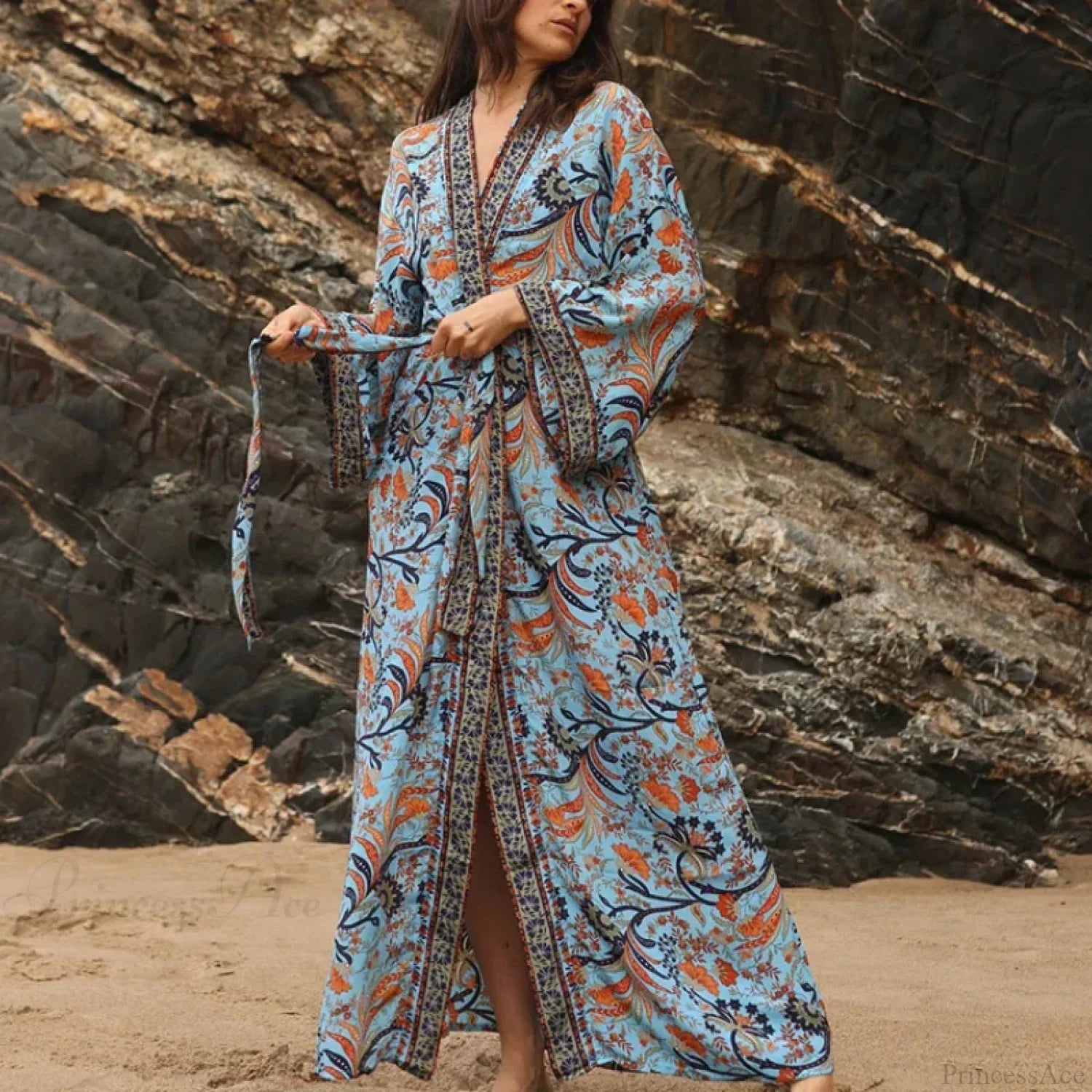 Cotton Rayon Kimono Boho Beach Cover up Loose Dress image 1