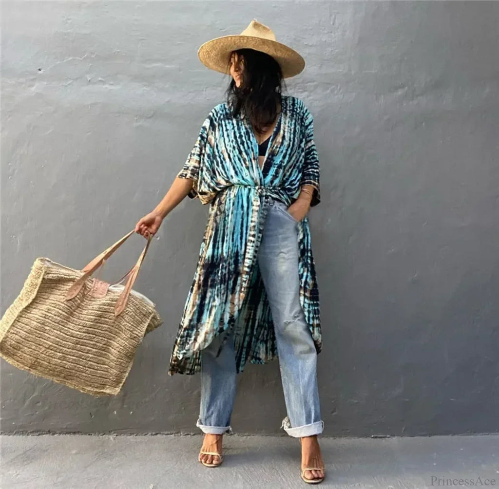 Cotton Rayon Striped Print Cardigan Boho Beach Cover up image 2