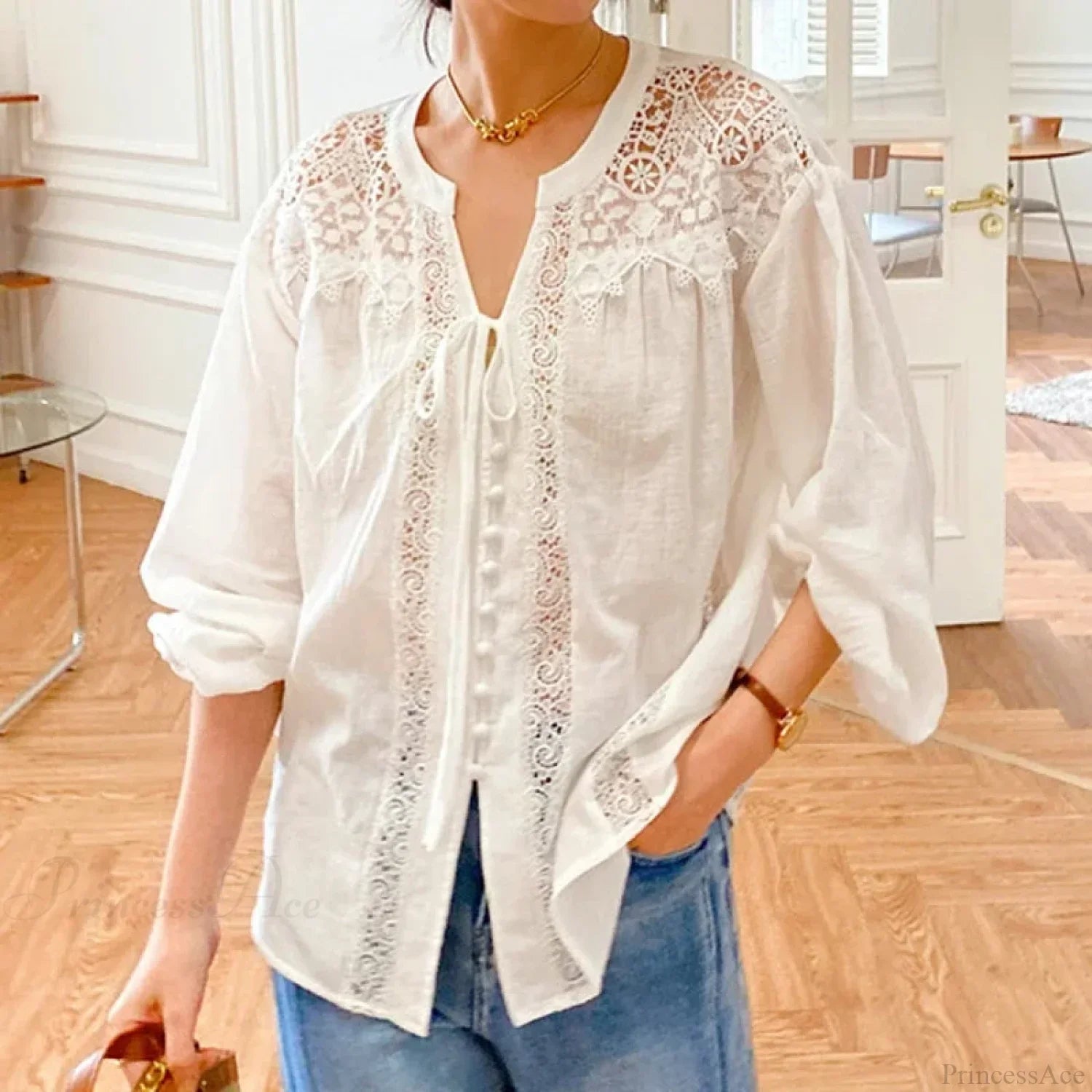 Cotton White Lace Lantern Sleeve Oversize Boho Blouse image 2