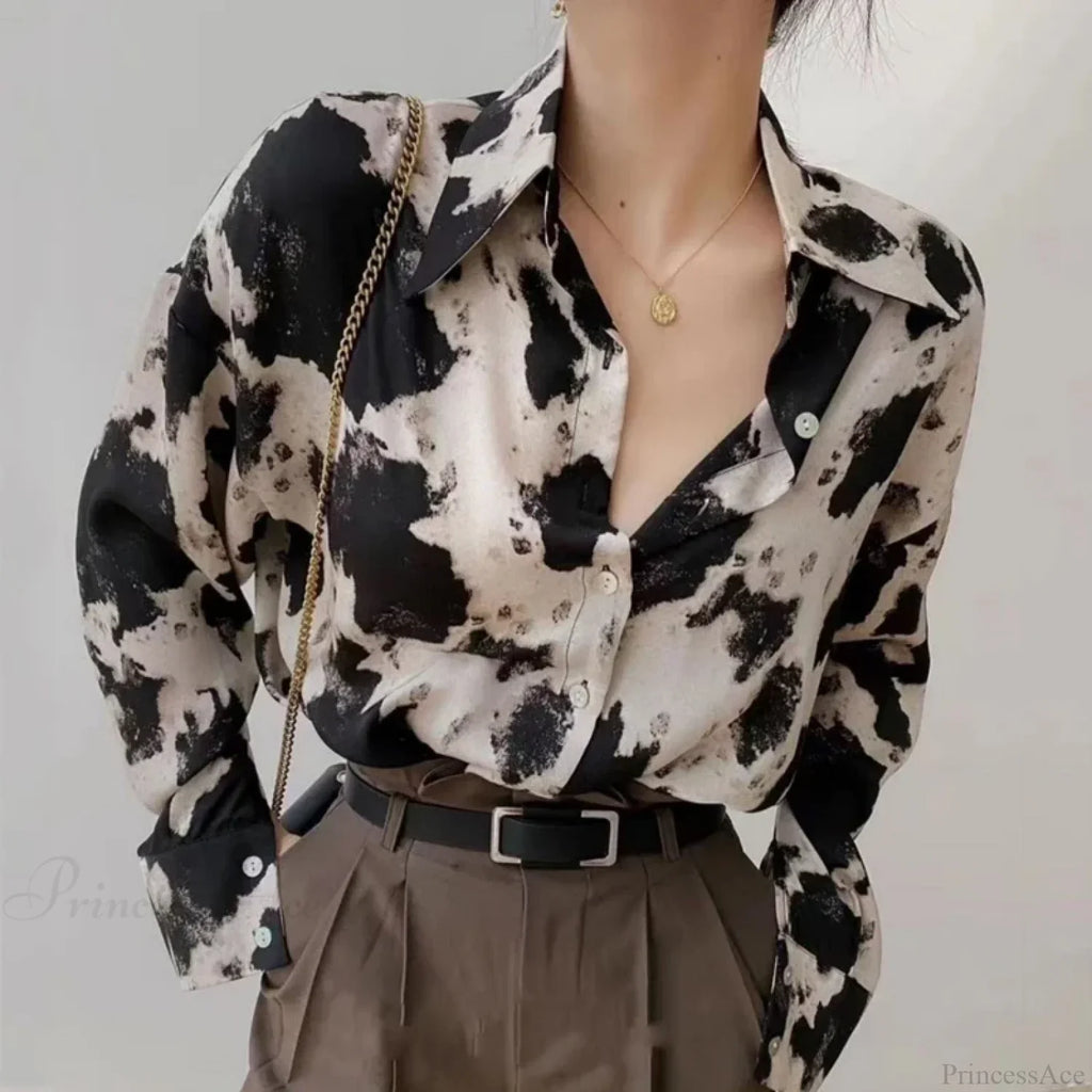 Cow Print Button Up Long Sleeve Blouse image 3