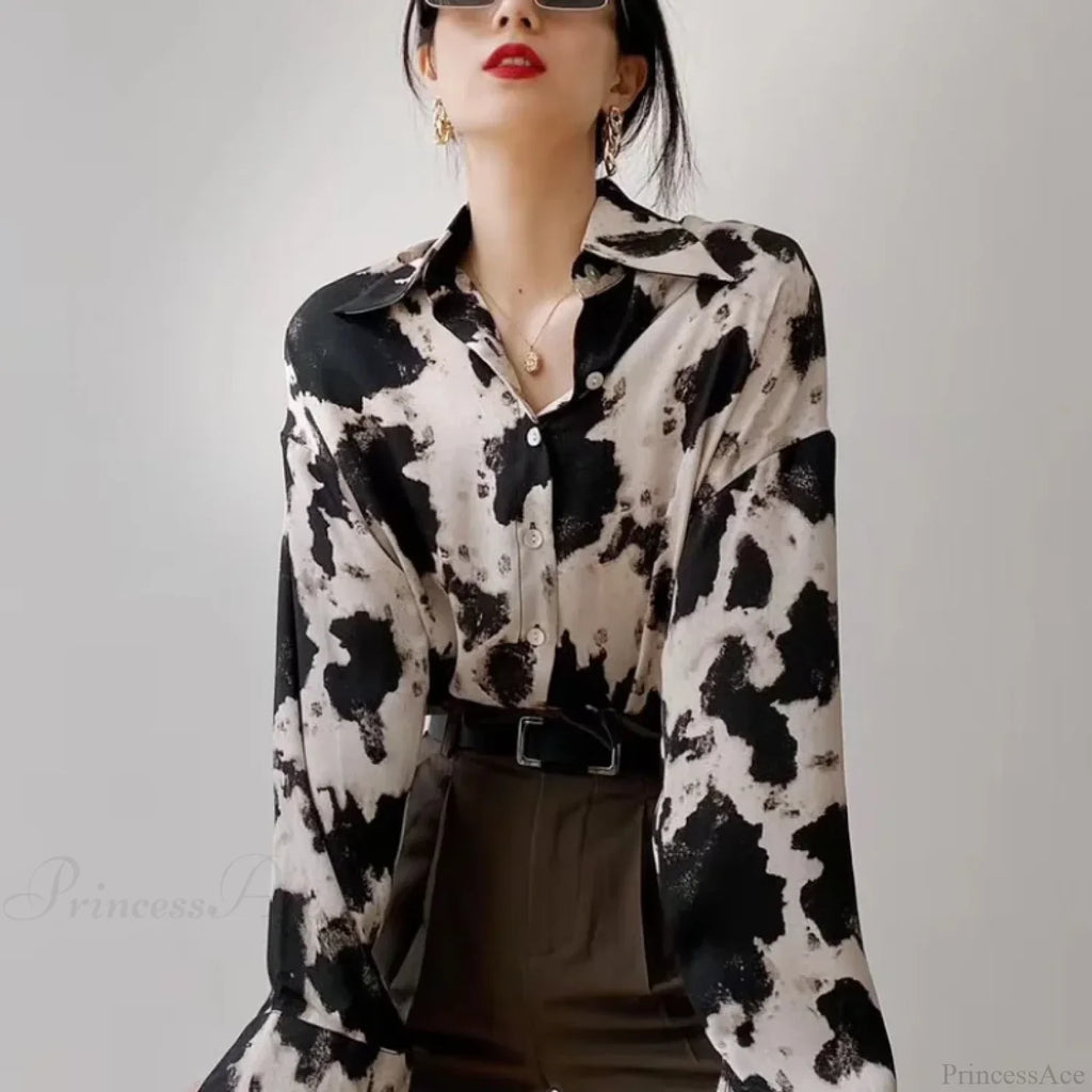 Cow Print Button Up Long Sleeve Blouse image 5