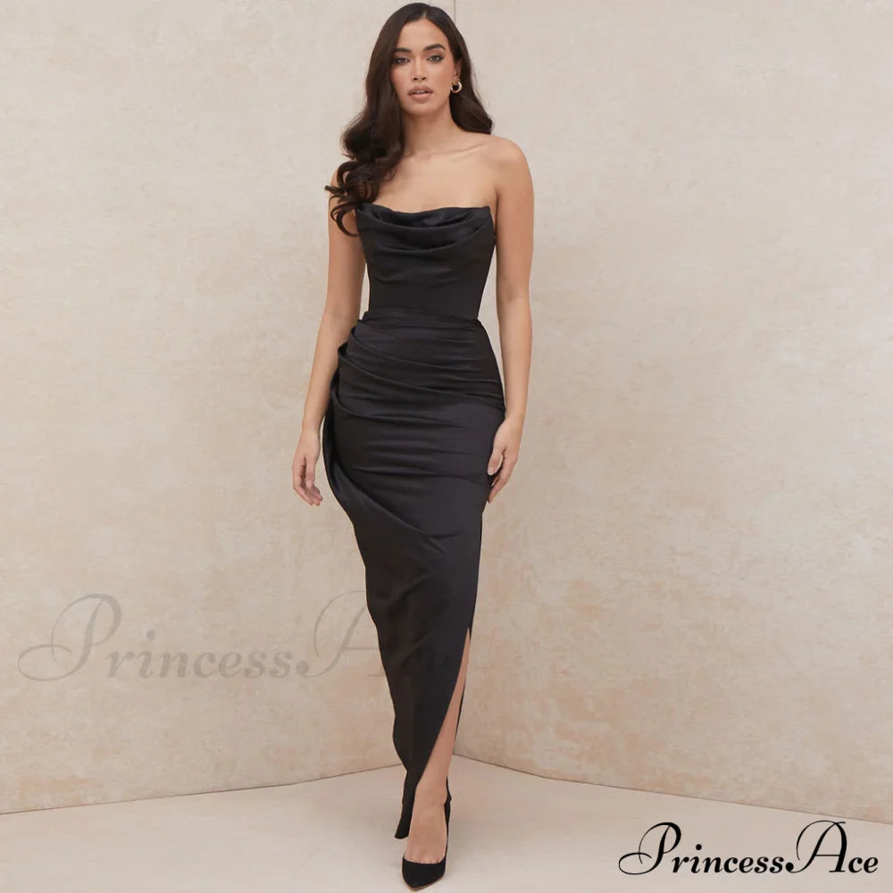 Cowl Neck Split Trendy Satin Maxi Dress image 1