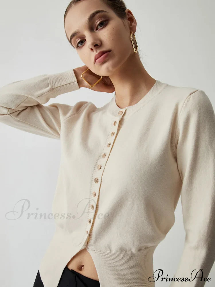 Cream Button Graceful Down Curved Cardigan image 4