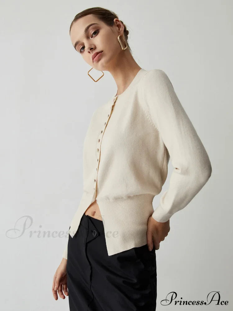 Cream Button Graceful Down Curved Cardigan image 3