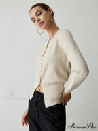 Cream Button Graceful Down Curved Cardigan image 3