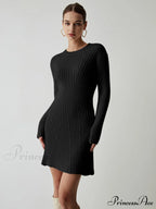 Cream Rib Long Trendy Sleeve Short Sweater Dress image 7