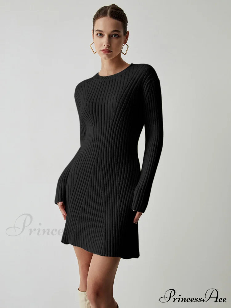 Cream Rib Long Trendy Sleeve Short Sweater Dress image 7