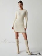 Cream Rib Long Trendy Sleeve Short Sweater Dress image 2