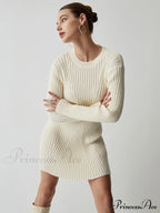 Cream Rib Long Trendy Sleeve Short Sweater Dress image 3