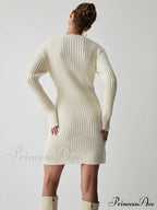 Cream Rib Long Trendy Sleeve Short Sweater Dress image 4