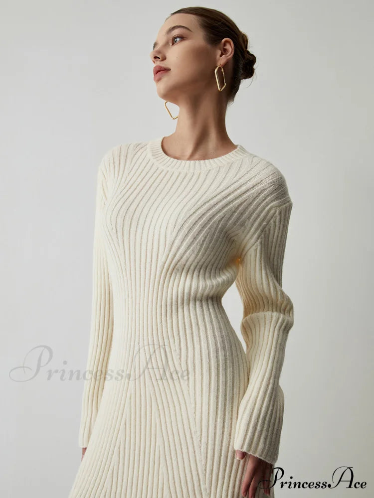 Cream Rib Long Trendy Sleeve Short Sweater Dress image 5