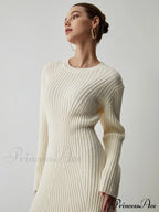 Cream Rib Long Trendy Sleeve Short Sweater Dress image 5