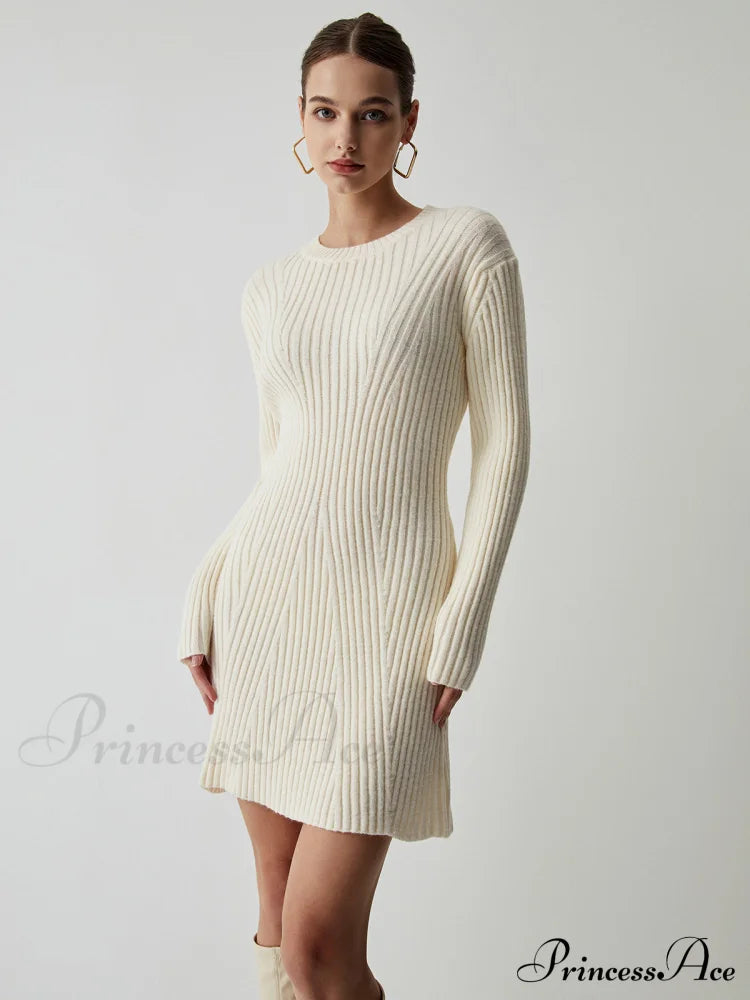 Cream Rib Long Trendy Sleeve Short Sweater Dress image 1