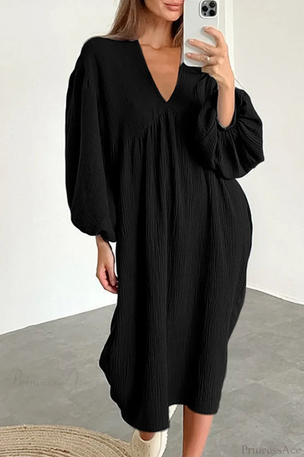 Crepe V Neck Puff Sleeve Loose Dress image 16