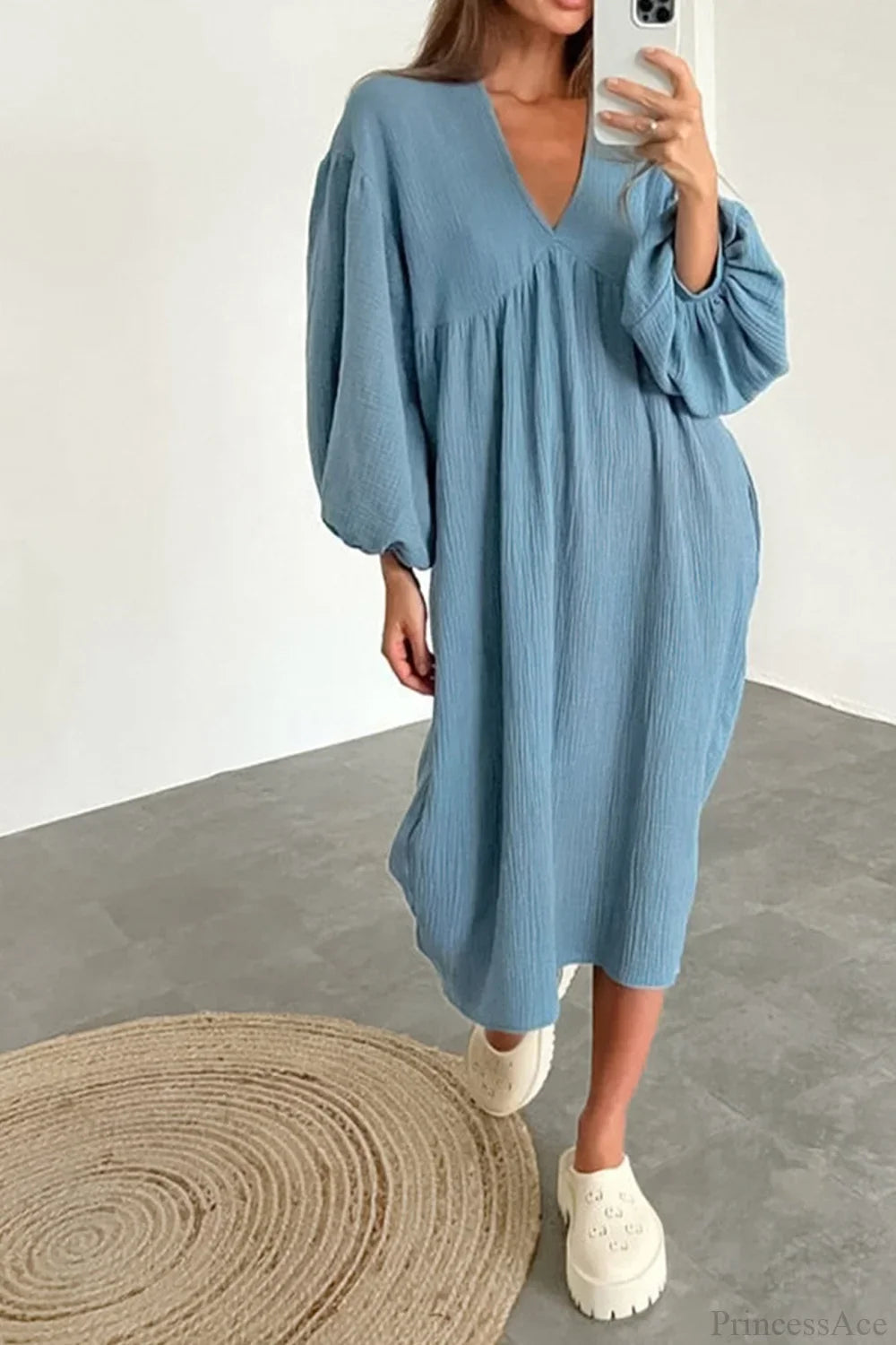 Crepe V Neck Puff Sleeve Loose Dress image 9