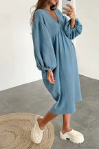 Crepe V Neck Puff Sleeve Loose Dress image 8