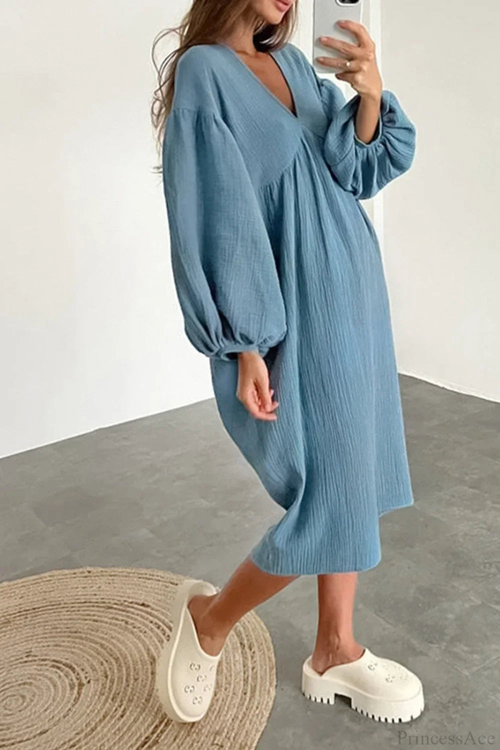 Crepe V Neck Puff Sleeve Loose Dress image 8