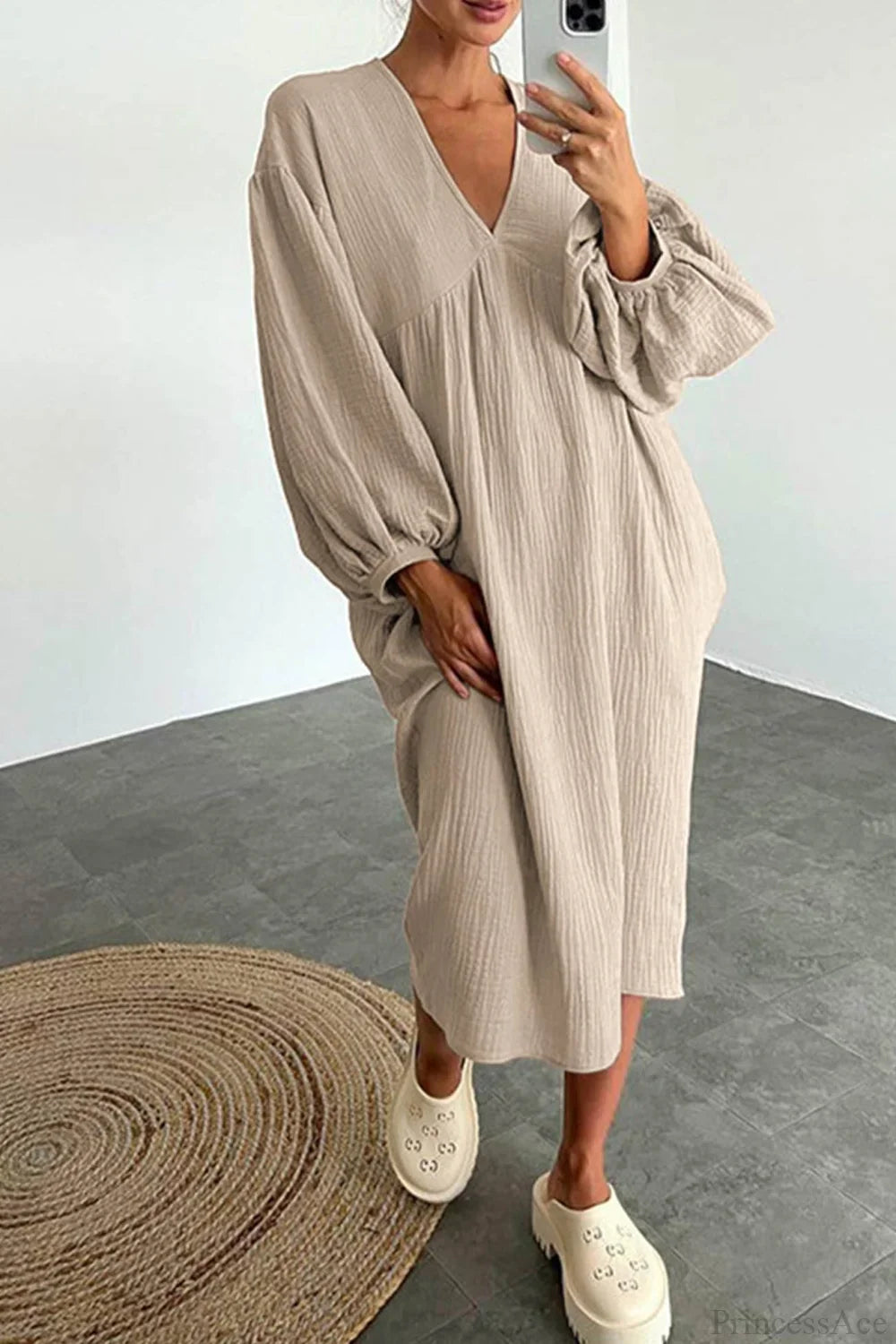 Crepe V Neck Puff Sleeve Loose Dress image 18