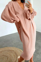 Crepe V Neck Puff Sleeve Loose Dress image 3