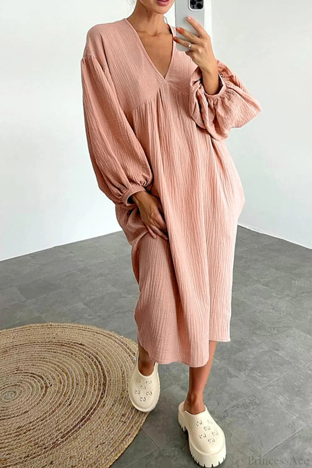Crepe V Neck Puff Sleeve Loose Dress image 2