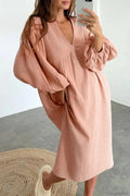 Crepe V Neck Puff Sleeve Loose Dress image 1