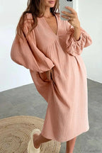 Crepe V Neck Puff Sleeve Loose Dress image 1