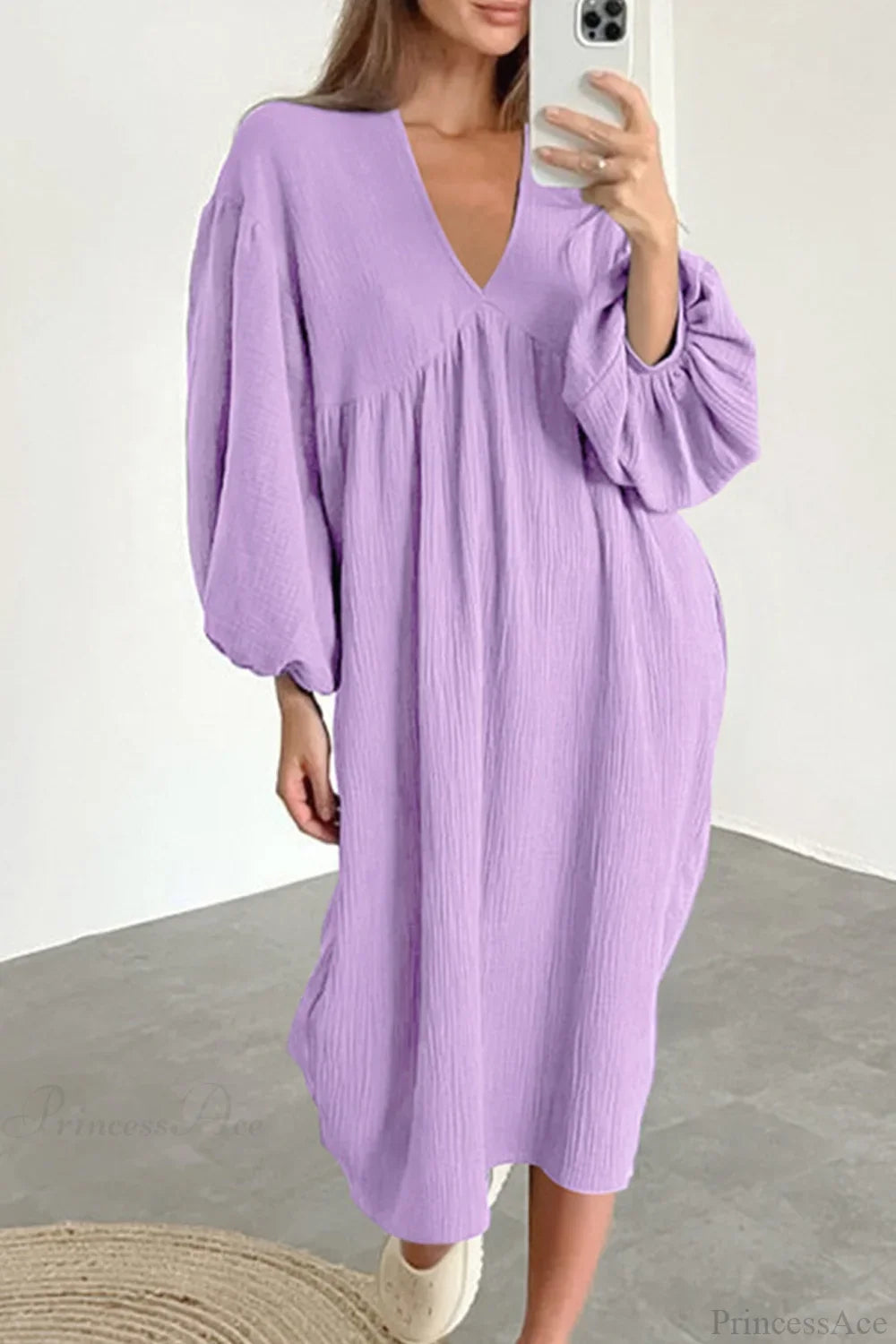 Crepe V Neck Puff Sleeve Loose Dress image 15