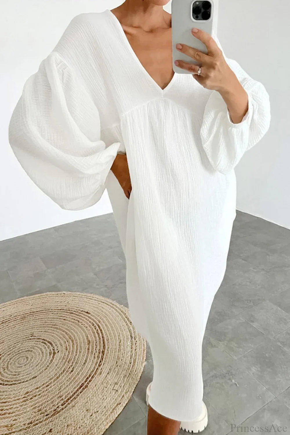 Crepe V Neck Puff Sleeve Loose Dress image 13