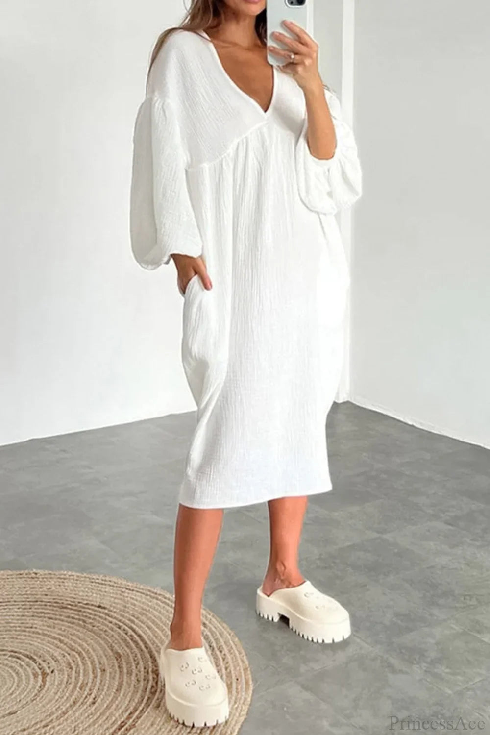 Crepe V Neck Puff Sleeve Loose Dress image 12