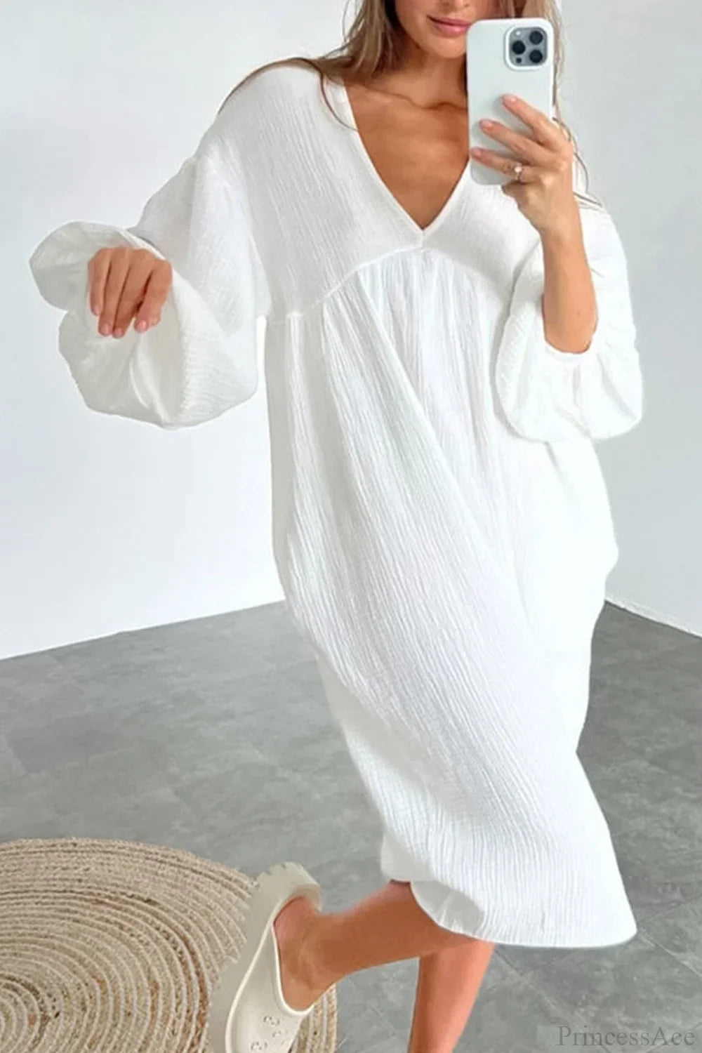Crepe V Neck Puff Sleeve Loose Dress image 11