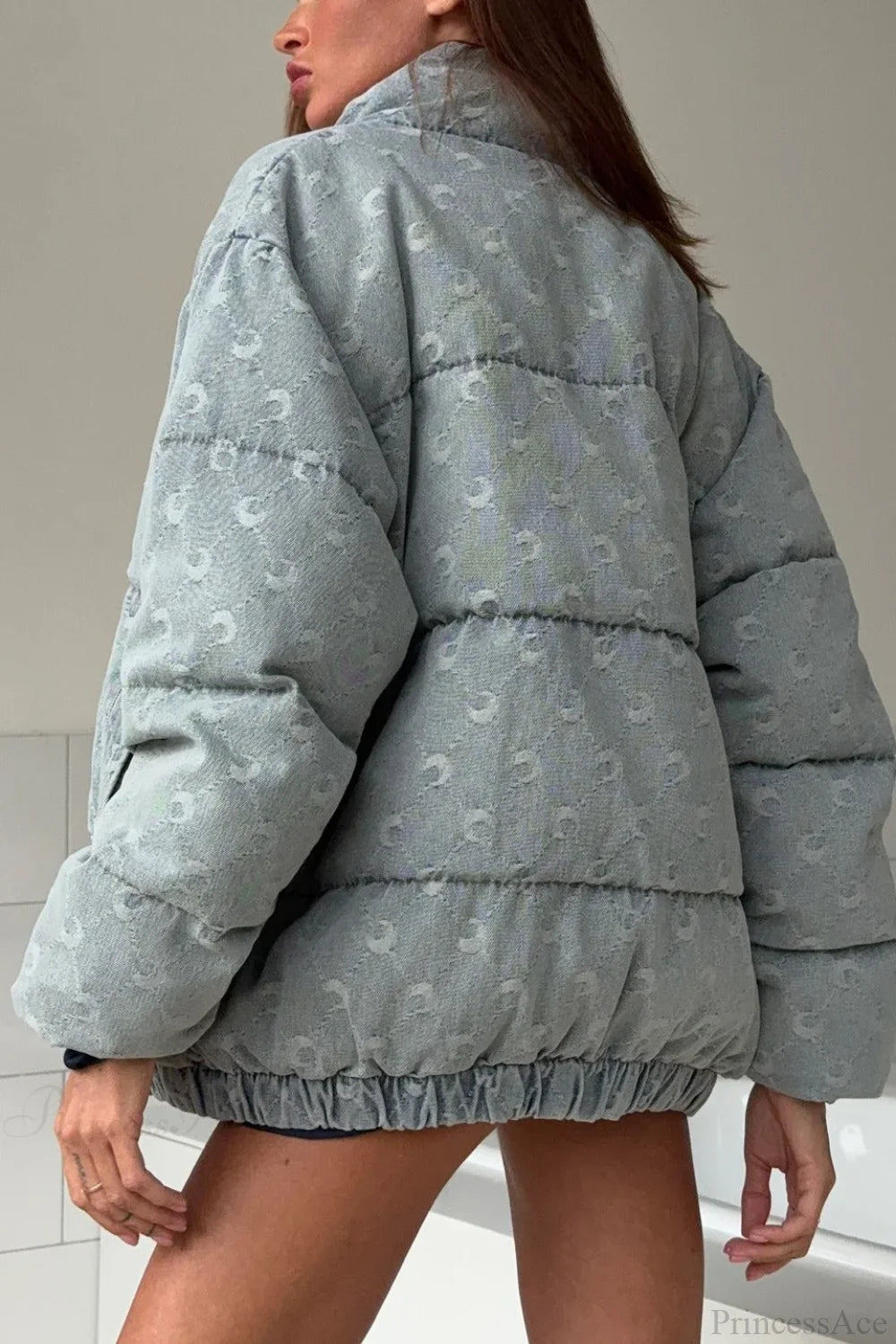 Crescent Print Allover Jacquard Relaxed Stand Collar Coat image 5