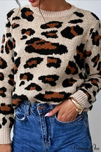 Crew Neck Leopard Pattern Knit Sweater image 2