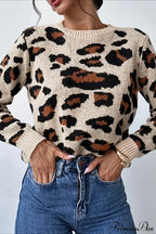 Crew Neck Leopard Pattern Knit Sweater image 1