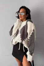 Crew Neck Long Sleeve Contrast Argyle Drawcord Sweater image 2