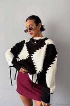 Crew Neck Long Sleeve Contrast Argyle Drawcord Sweater image 4