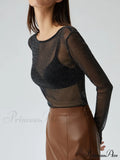 Crew Neck Sequined Trendy Long Sleeve Mesh Shirt image 1